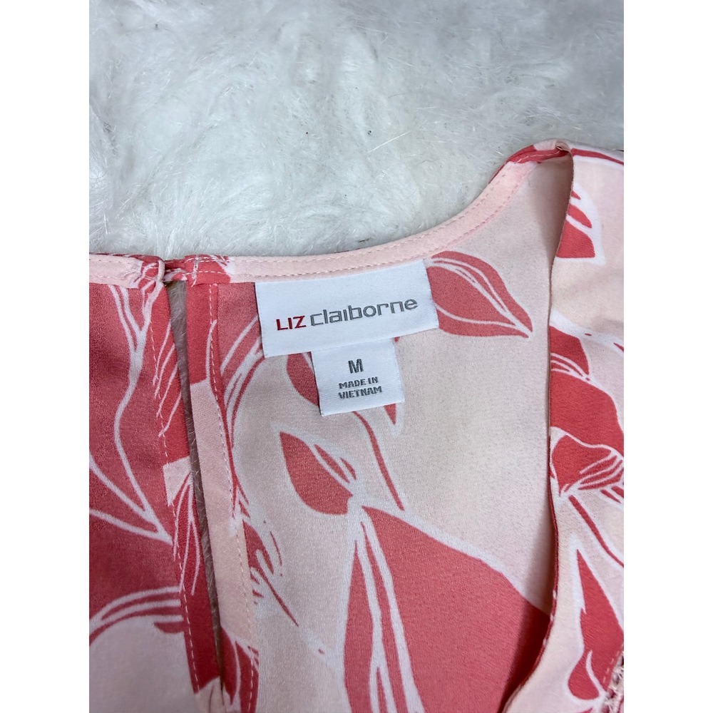 Liz Claiborne Pink Coral Floral V-Neck Blouse Short Sleeve Top Medium - Picture 5 of 8